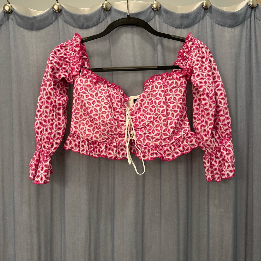 Pink and white off the shoulder crop top